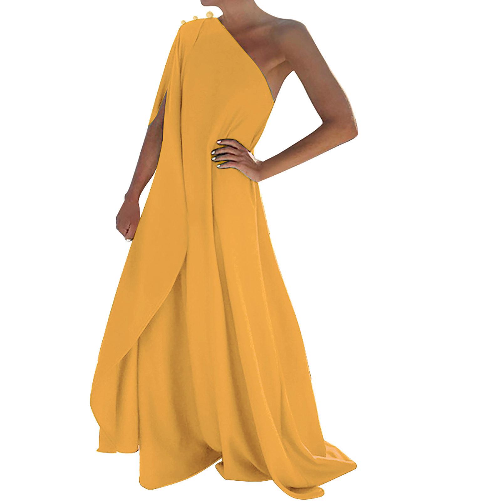 thumbnail image 1 of Vestido largo boho de un solo hombro para mujer - Color liso, fluido - Informal/playa/vacaciones - Mezcla de poliéster y spandex, 1 of 3